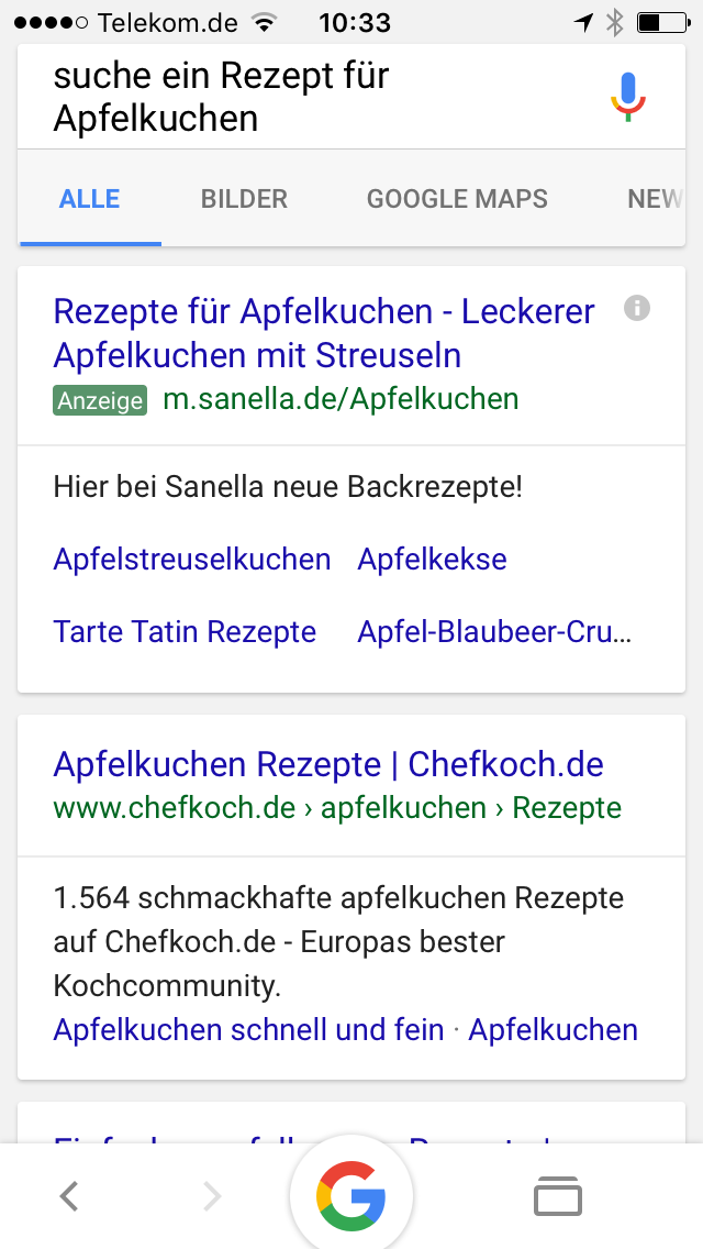 Smartphone-Suchergebnis: Rezepte für Apfelkuchen